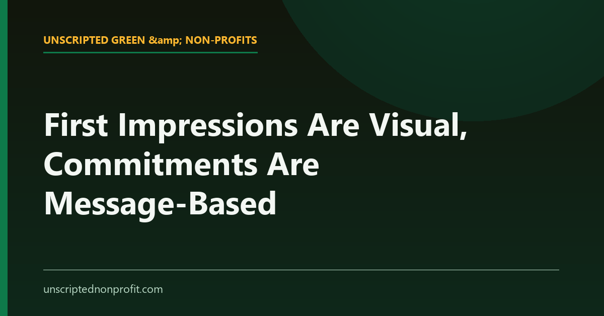 Bruce Ashford quote card noting first impressions are visual while commitments to buy are message based.